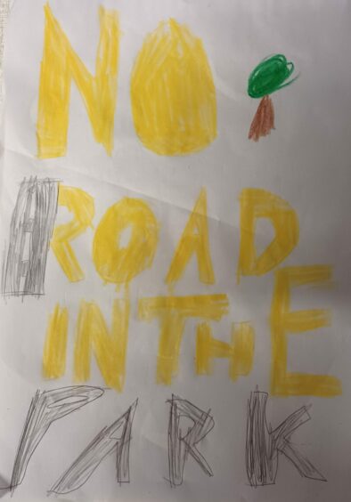 A protest poster designed by Kinross youngster Brodie Huntzinger, 9, and brother Cameron, 4.