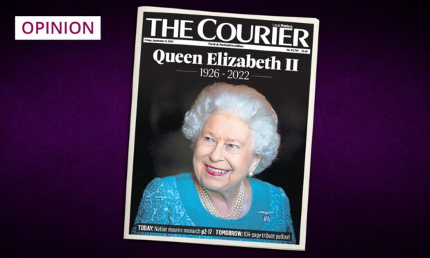 photo shows the front page of The Courier newspaper, marking the death of Queen Elizabeth II with a recent photograph of Her Majesty smiling and the dates 1926-2022.