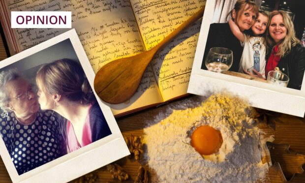 image shows a family recipe book with old fashioned writing on a table with flour and eggs. Family snapshots are scattered around it.