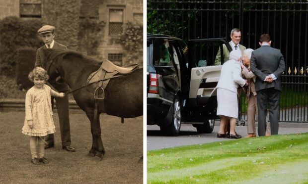 Young Princess Elizabeth on her favourite pony at Glamis and her final visit to the castle as Queen in 2017.