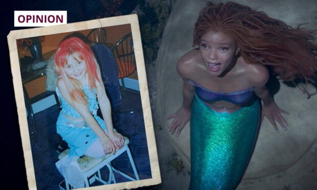 Rebecca Baird as Ariel for Halloween and Halle Baily as Ariel in the new live action, The Little Mermaid.