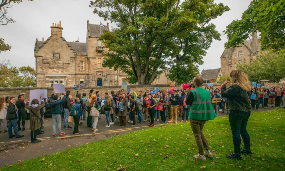 St Andrews students gathered outside the university principal, Sally Mapstone's, house