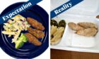 Chicken goujons with pasta salad as pictured on supplier Tayside Contract's website (left) and the same dish as served up in a Dundee primary school (right).