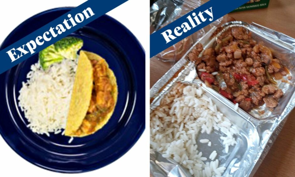 Photo shows two dishes side by side. On the left is a plate with an appetising serving of rice and quorn-filled tacos with broccoli on the side. On the right is what was actually served in school; a foil container with a small portion of rice and a sloppy stew-like substance.