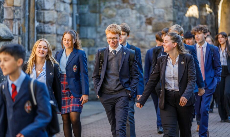 Students walking in St Leonards uniforms.