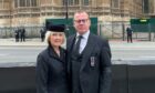Stephen Leckie with wife Fiona outside Westminster Abbey, where they attended the Queen's funeral.