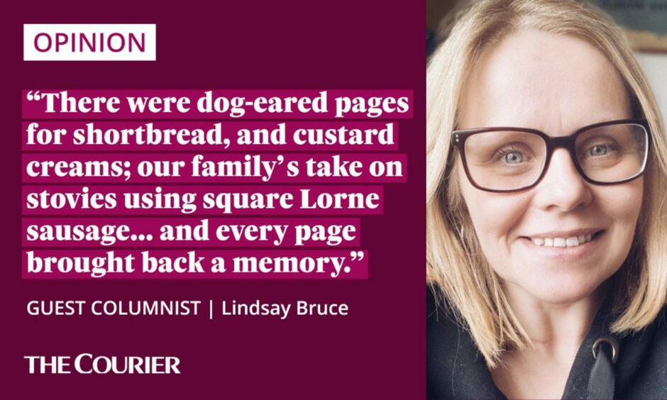 Image shows the writer Lindsay Bruce, a woman in her late 30s eith blonde bobbed hair and glasses, and a quote: "There were dog-eared pages for shortbread, and custard creams; our family's take on stovies using square Lorne sausage... and every page brought back a memory."