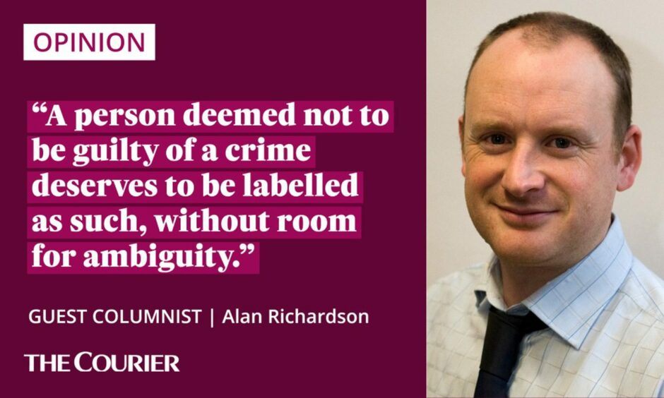 Image shows the writer Alan Richardson, next to a quote: "A person deemed not to be guilty of a crime deserved to be labelled as such, without room for ambiguity."