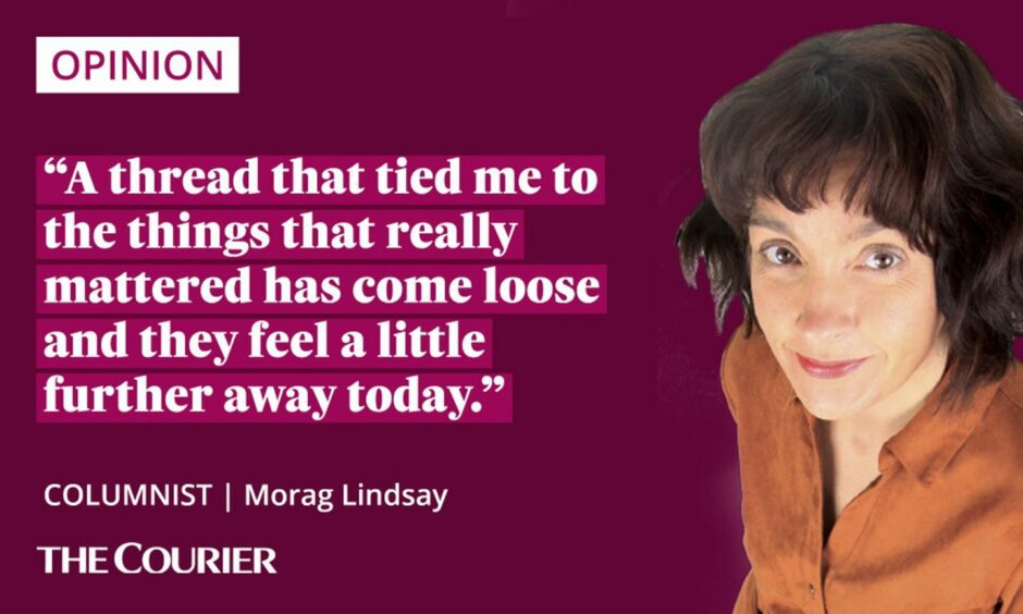 Image shows the writer Morag Lindsay and a quote: "A thread that tied me to things that really mattered has come loose and they feel a little further away today."