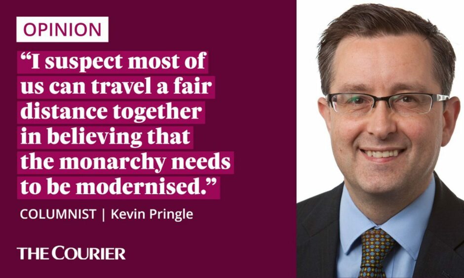 Image shows the writer Kevin Pringle next to a quote: "I suspect most of us can travel a fair distance together in believing that the monarchy needs to be modernised."