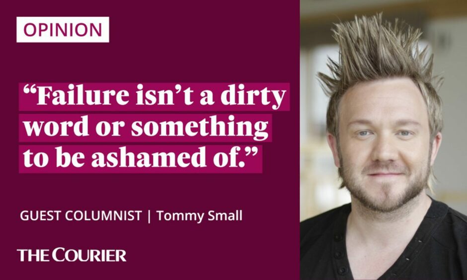 image shows the writer Tommy Small next to a quote: "Failure isn't a dirty word or something to be ashamed of."