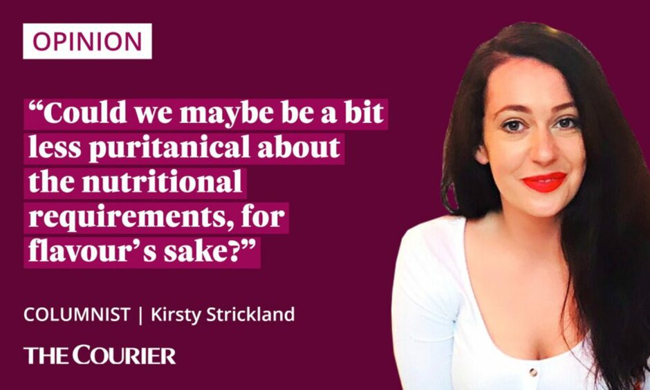 image shows the writer Kirsty Strickland, next to a quote: "Could we maybe be a bit less puritanical about the nutritional requirements, for flavour's sake?"