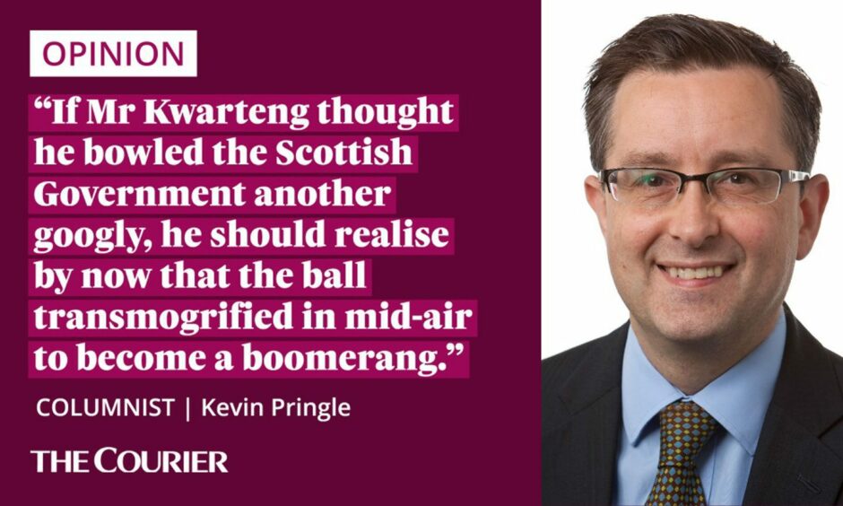 image shows the writer Kevin Pringle next to a quote: "If Mr Kawrteng thought he bowled the Scottish Government another googly, he should realise by now that the ball transmogrified in mid-air to become a boomerang."