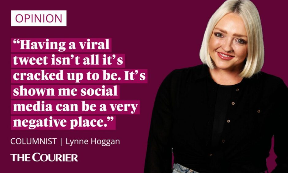 image shows the writer Lynne Hoggan next to a quote: "Having a viral tweet isn't all it's cracked up to be. It's shown me social media can be a very negative place."