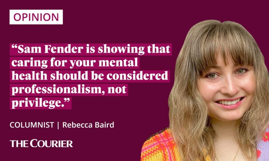 Image shows the writer Rebecca Baird next to a quote: "Sam Fender is showing that caring for your mental health should be considered professionalism, not privilege."