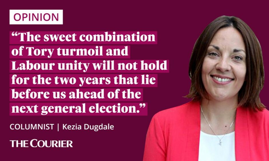image shows the writer Kezia Dugdale, next to a quote: "The sweet combination of Tory turmoil and Labour unity will not hold for the two years that lie before us ahead of the next general election."