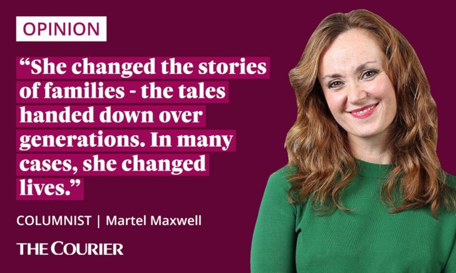 Image shows the writer Martel Maxwell next to a quote saying: "She changed the stories of families - the stories handed down over generations. In many cases, she changed lives."