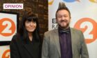 photo shows the writer Tommy Small with the TV presenter Claudia Winkleman, standing in front of signs for BBC Radio 2.