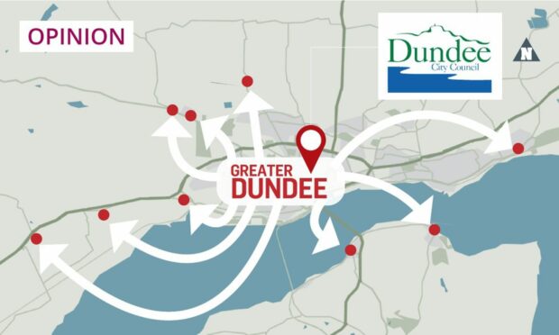 Image shows a map with Dundee in the centre and arrows stretching across to other settlements in the surrounding council areas.
