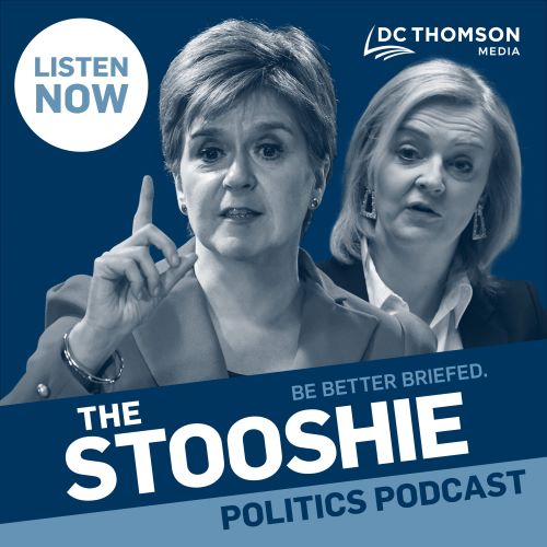 image shows branding for DC Thomson's The Stooshie podcast, featuring Nicola Sturgeon and Liz Truss.