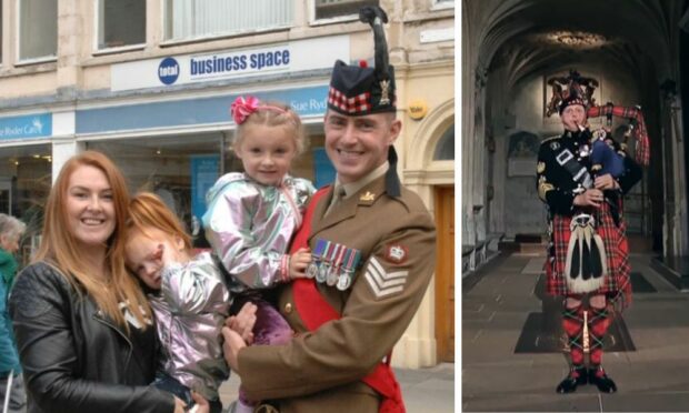 Royal Regiment of Scotland's Allan Campbell with his family (left) and Pipe Major Paul Burns (right).