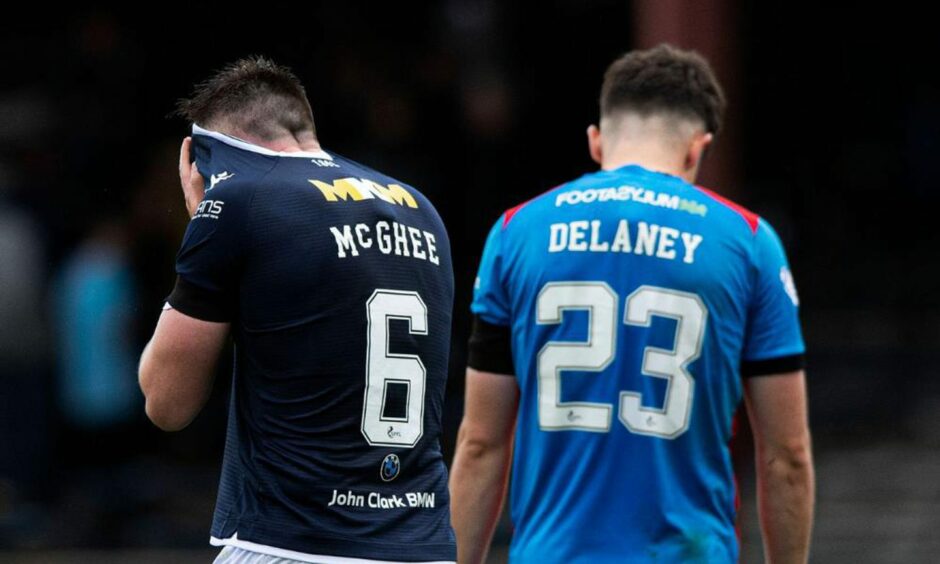Jordan McGhee is dejected as Dundee lose to Inverness at Dens Park.