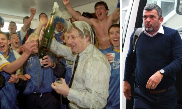 Callum Davidson is near the back as Saints celebrate winning promotion under Paul Sturrock.