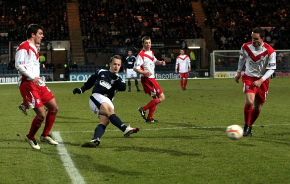 Leigh Griffiths goes for goal the last time Airdrie faced Dundee at Dens Park in 2010. Image: DCT