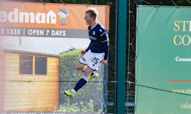 Lyall Cameron celebrates after netting his fifth goal of the season for Dundee.