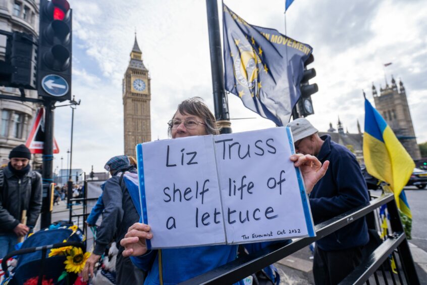 Protester outside Parliament holding a piece of paper which reads 'Liz Truss, shelf life of a lettuce'.