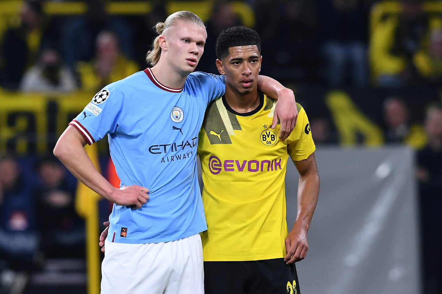 Jude Bellingham (right) alongside former teammate Erling Haaland in the Champions League. Image: Action Press/Shutterstock