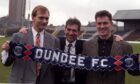 Simon Stainrod arrived at Dundee in 1992 before taking over as player-manager from Iain Munro (centre). Jim Leighton also signed on the same day (left). Image: DCT.