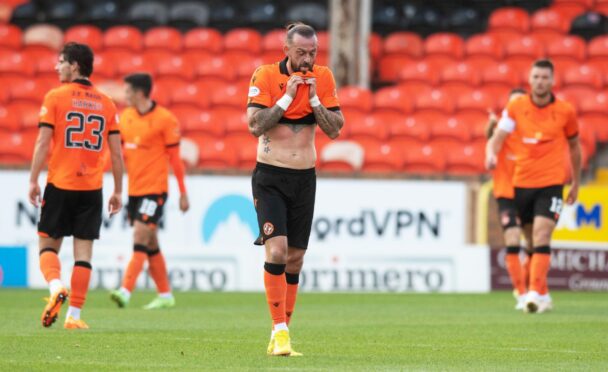 Steven Fletcher reacts as Dundee United fall 2-0 behind at home to St Johnstone. (Image: SNS)