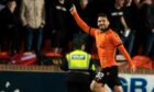 Tony Watt, right, celebrates grabbing Dundee United's second goal against Aberdeen. Image: SNS