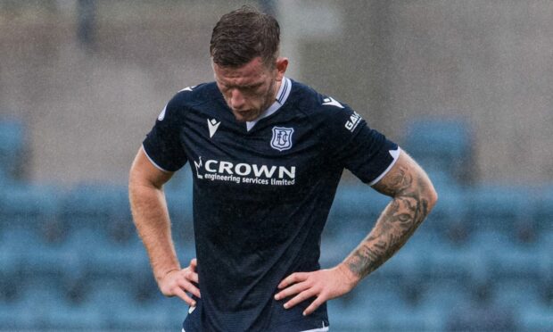 Dundee's Lee Ashcroft looks dejected after a 0-0 draw with Greenock Morton. Image: SNS.