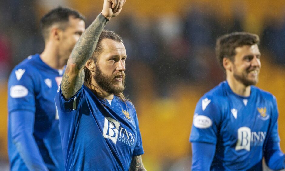 Stevie May celebrates a St Johnstone win. Image: SNS.