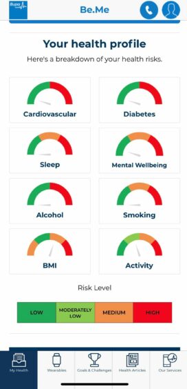 BUPA's Be.Me app shows your health profile, based on your questionnaire answers, before your consultation.