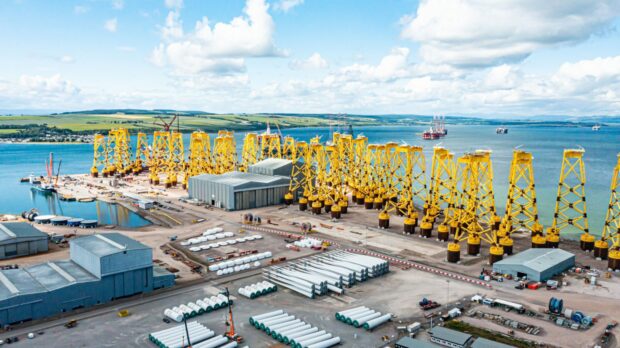 Seagreen wind farm jackets at the Port of Nigg. Seagreen is one of SSE Renewables' projects that help Scotland's economy