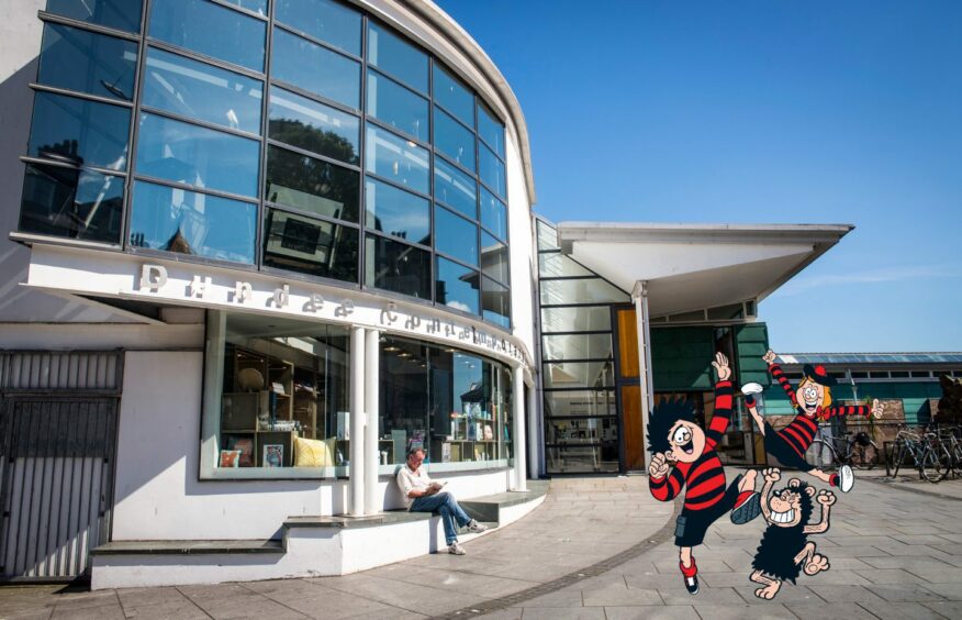 Minnie, Dennis & Gnasher happily pose in front of Dundee Contemporary Arts, one of many free things to see and do in Scotland