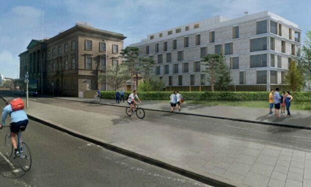 An artist's impression of proposed plans to convert Custom House into 20 flats with two new residential blocks of 29 flats next to it. Image: Savills.