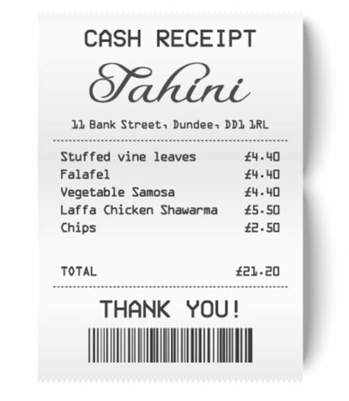 Tahini order receipt.