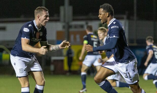 Derick Osei celebrates his late equaliser at Queen's Park (Image: SNS).