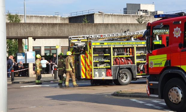 Six appliances were called to Ninewells Hospital after Hall started a fire in a toilet block. Image: Liam Richardson.