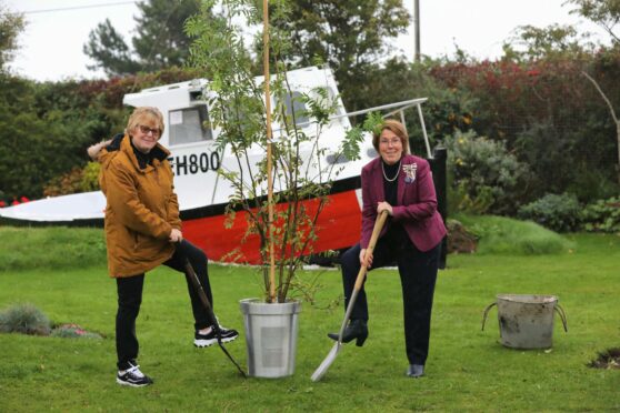 Wendy Murray of East Haven Together (left) and Angus Lord Lieutenant Pat Sawers with the Rowan from the Tree of Trees sculpture. Image: Gareth Jennings/DCThomson