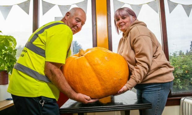 Gayle Wilson and Jim Peebles try to lift the giant pumkin
