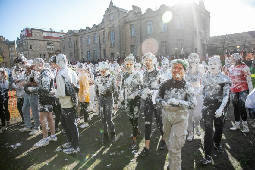 Many students gathered on the Lower College Lawn for a foam fight.