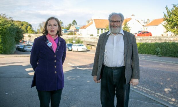 Campaigners Jane Ann Liston and Dr Clive Sneddon at the site of the town's former railway station: Image: Kim Cessford / DC Thomson.