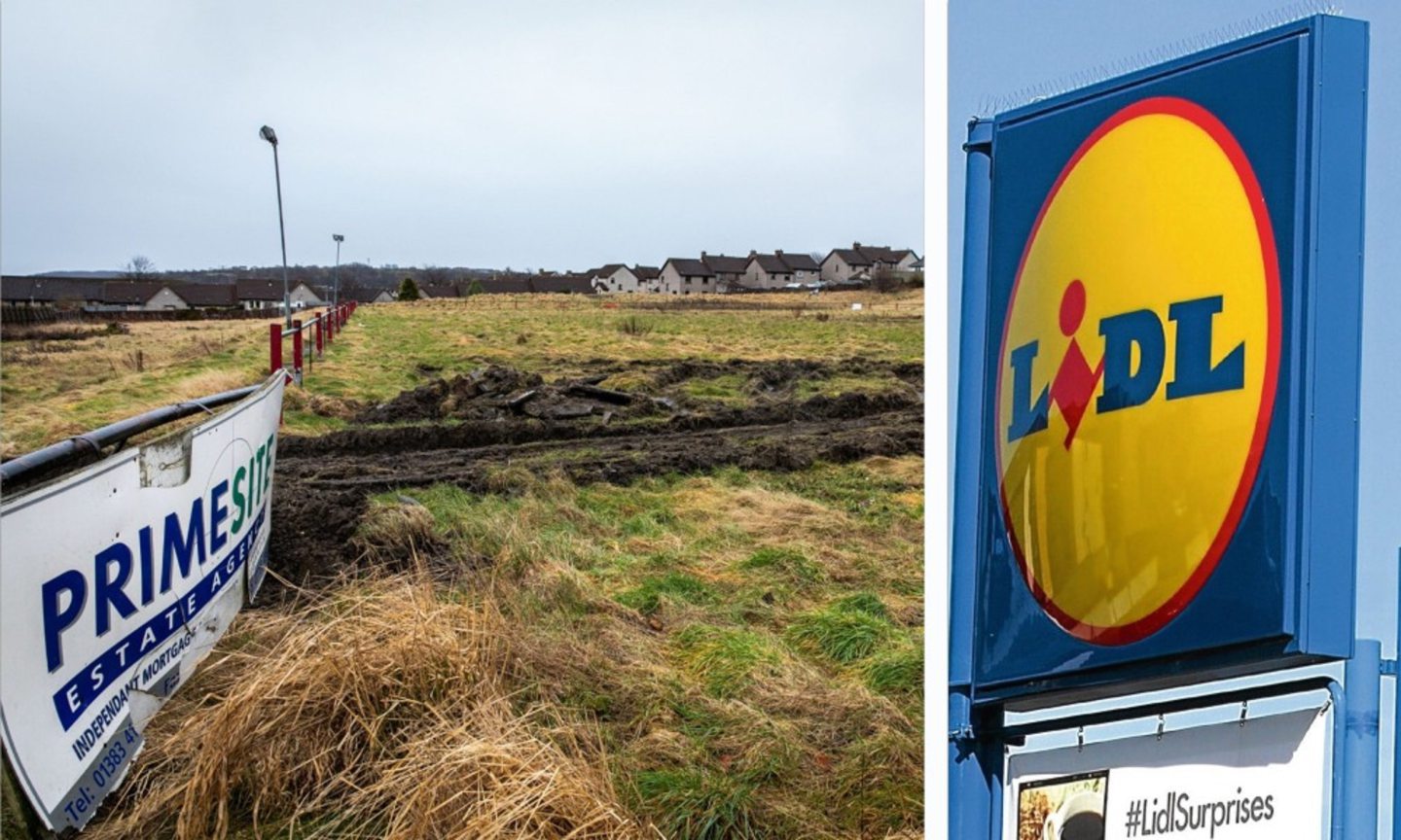 Rosyth FC's former pitch and a Lidl sign.