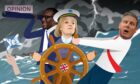 image shows caricatures of Kwasi Kwarteng and Liz Truss at the helm of a ship in choppy waters, while Labour leader Sir Keir Starmer tries to seize control.