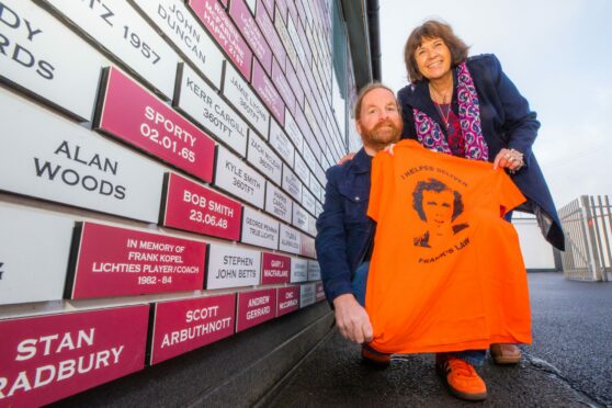 Simon Pringle and Amanda Kopel at Gayfield where Frank Kopel was a player/coach in the early 80s. Image: Steve MacDougall/DC Thomson